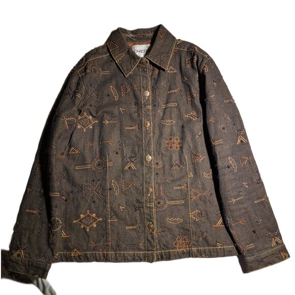 Vtg 1990s Chico's Brown Denim Silk Lined Primitive Tribal Embroidered Jacket 2 L - Picture 1 of 4